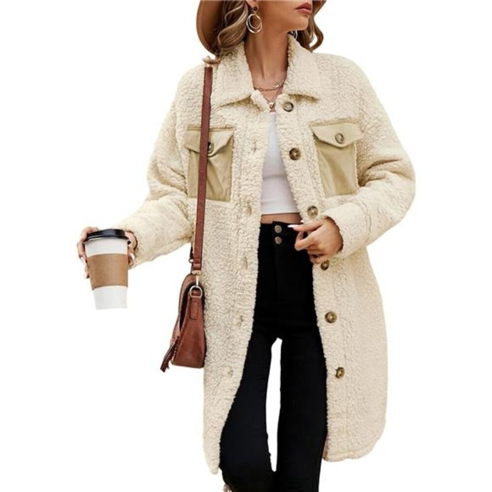 Fuzzy Fleece Jackets Long Sleeve Lapel Button Down Long Teddy Coat